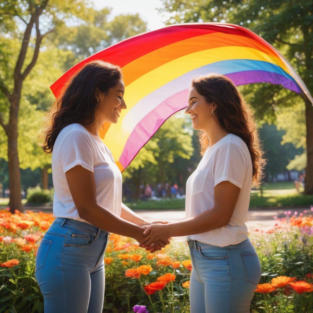 A vibrant, intimate scene showcasing two women joyfully sharing a moment together in a sunlit park, surrounded by colorful flowers and soft, warm sunlight filtering through the trees. They are laughing and holding hands, with a backdrop of a rainbow flag gently waving in the breeze. The overall tone is celebratory and inclusive, reflecting love and connection. vivid colors. super-realistic. warm atmosphere.