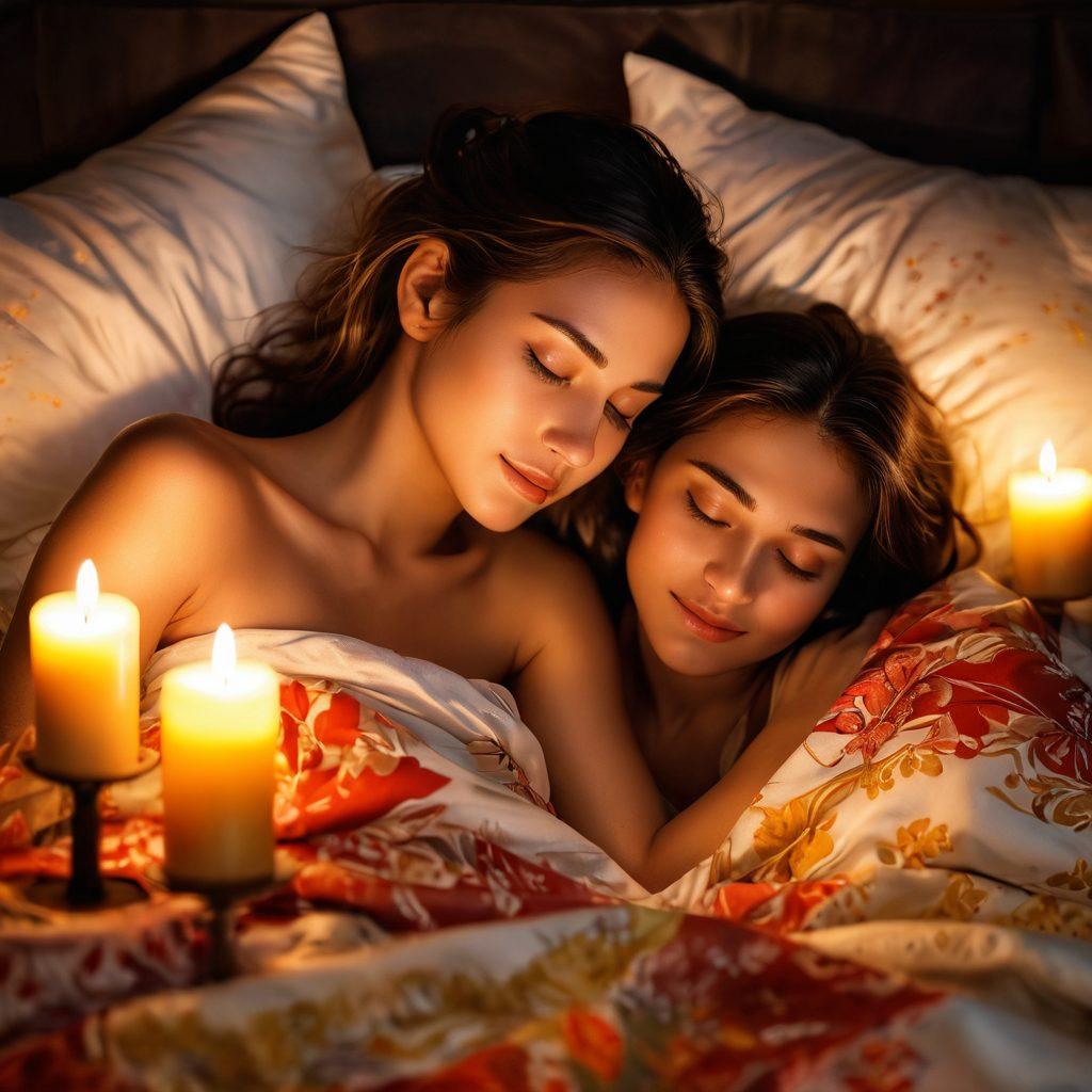 A tender and passionate scene between two women, surrounded by soft, warm lighting, showcasing their affectionate gestures and expressions of intimacy. Include elements like floral bedsheets, candles, and a peaceful ambiance to convey a sense of sensuality and connection. Capture the emotions of love and excitement in their eyes. super-realistic. vibrant colors. warm tones.