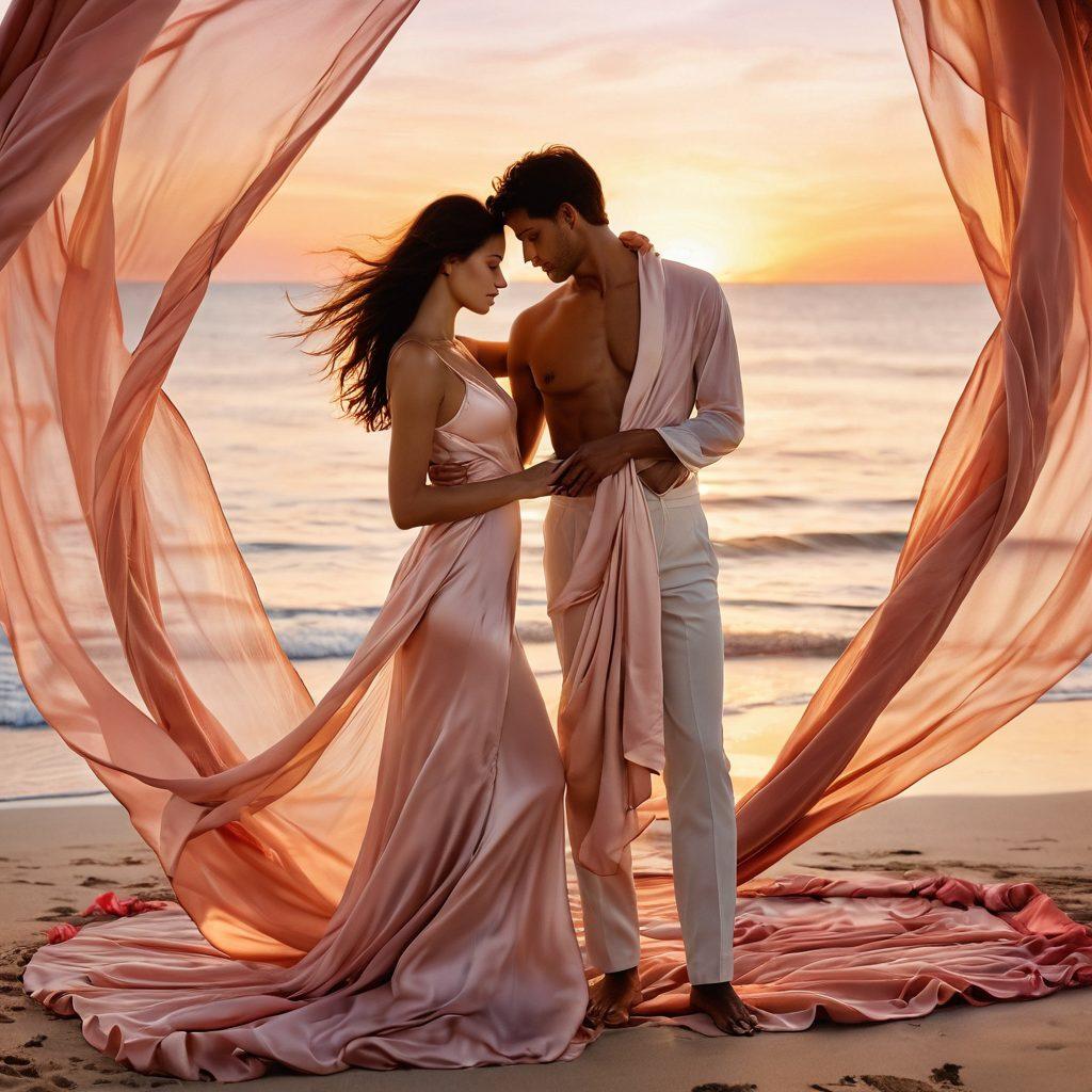 A passionate couple entwined in a soft embrace, surrounded by ethereal, flowing silk fabrics that symbolize intimacy. The background features a serene sunset over a tranquil ocean, casting warm, golden hues across the scene. Delicate rose petals gently fall around them, enhancing the romantic atmosphere. The couple's expressions convey deep connection and exploration, inviting viewers into their sensual journey. surrealism. warm colors. soft focus.